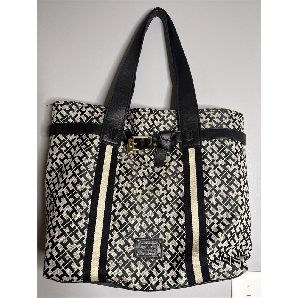 Tommy Hilfiger Women Black Geometric Canvas Magnetic Tote Purse